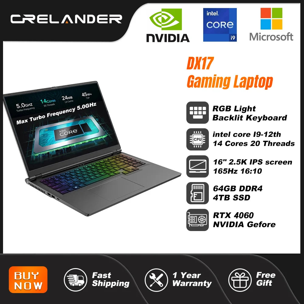 CRELANDER 16-inch gaming laptop with Intel Core i9, 2.5K IPS screen, RTX 4080, 64GB RAM, and 4TB SSD.