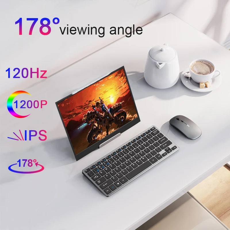 16-inch LANLIPU portable monitor with 120Hz refresh rate, 1200p resolution, 16:10 aspect ratio, HDR, and vibrant color display.