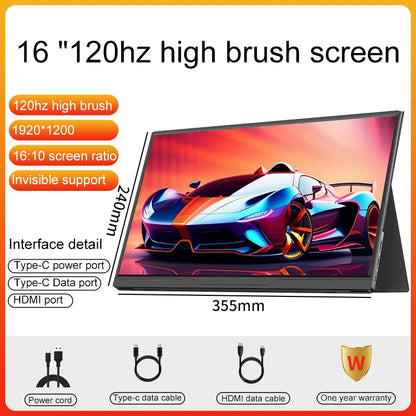 16-inch LANLIPU portable gaming monitor with 120Hz refresh rate, 1200P resolution, 16:10 aspect ratio, and HDR for laptops and consoles