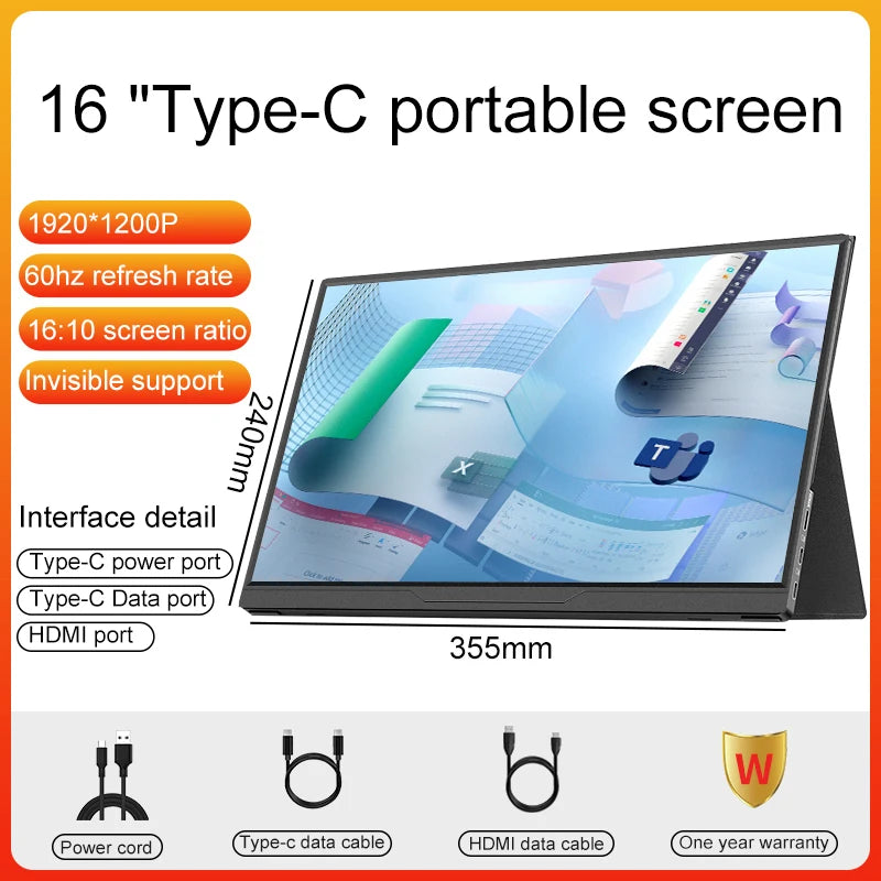 Portable LANLIPU 16-inch monitor with 120Hz refresh rate, 1200P resolution, HDR, 16:10 aspect ratio, suitable for gaming and laptops.