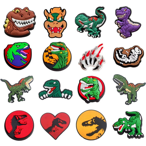Set of 16 dinosaur shoe charms for clog sandals, cute cartoon dino pins, DIY accessories for women and men.