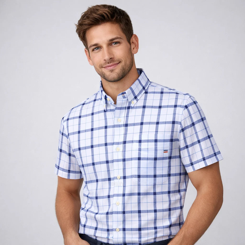 Men's 2026 pure cotton Oxford short sleeve shirt with square collar, plaid and striped design, single pocket, casual summer shirt.