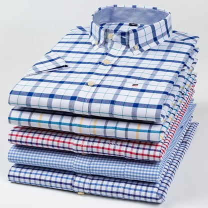 Men's lightweight cotton Oxford short sleeve shirt with plaid, striped patterns, square collar, single pocket, casual summer style.