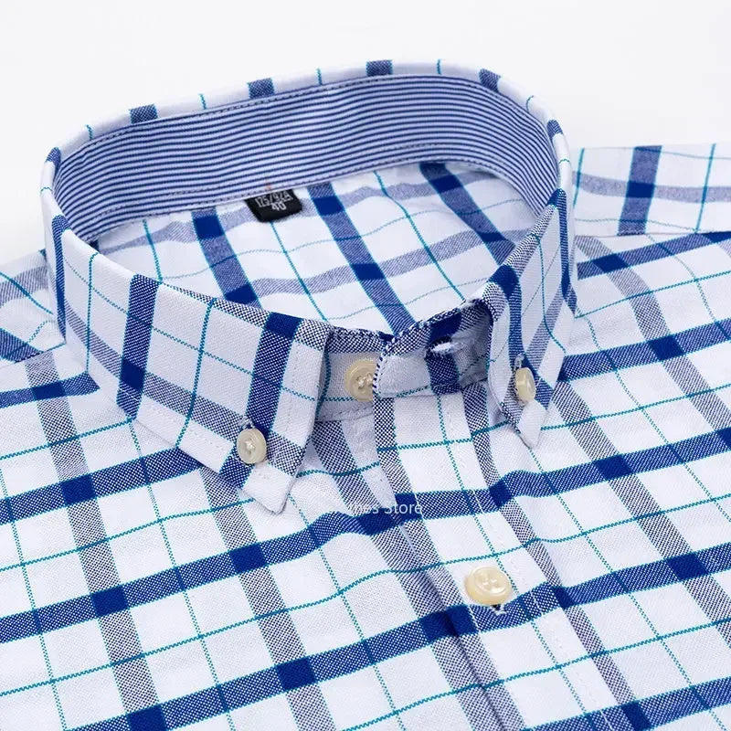 Men's 2026 pure cotton Oxford short sleeve shirt with plaid and striped patterns, square collar, single pocket, casual summer wear