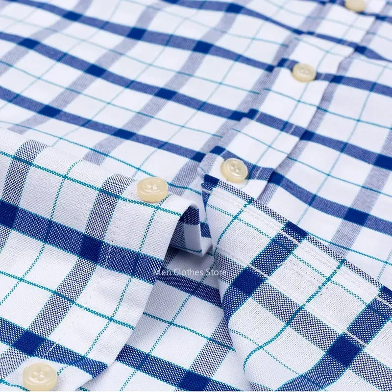 Men's 2026 pure cotton Oxford short sleeve shirt with square collar, plaid and striped pattern, single chest pocket, casual summer style.