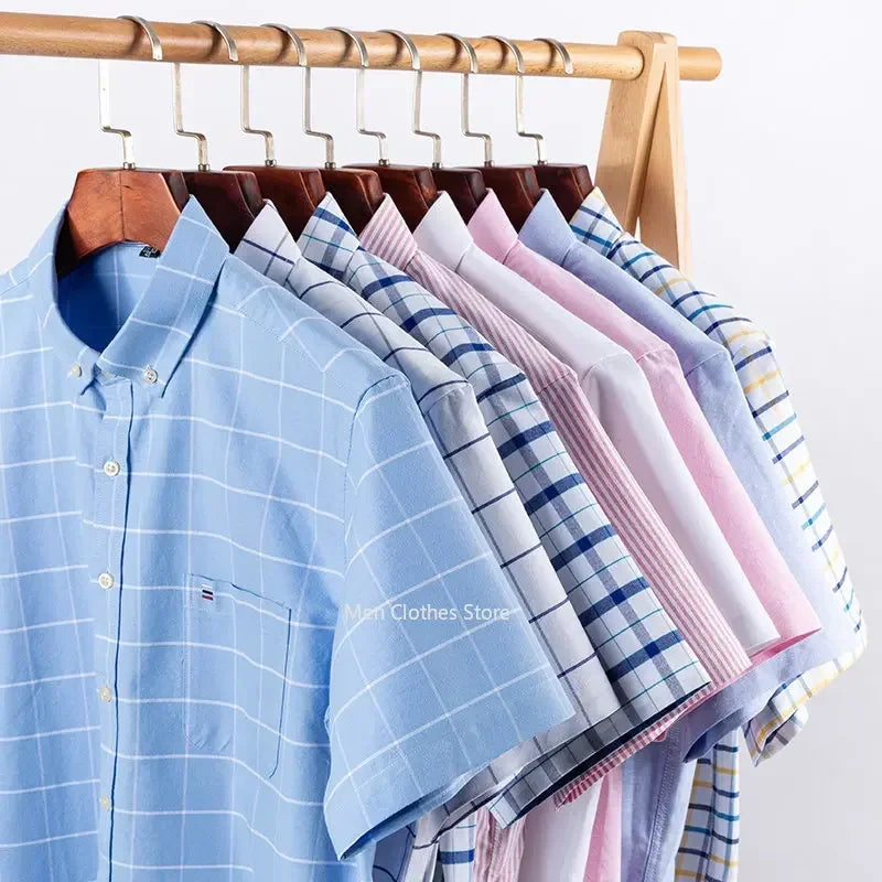 Men's 100% cotton Oxford short sleeve casual shirt with plaid and striped patterns, square collar, single pocket, summer style.