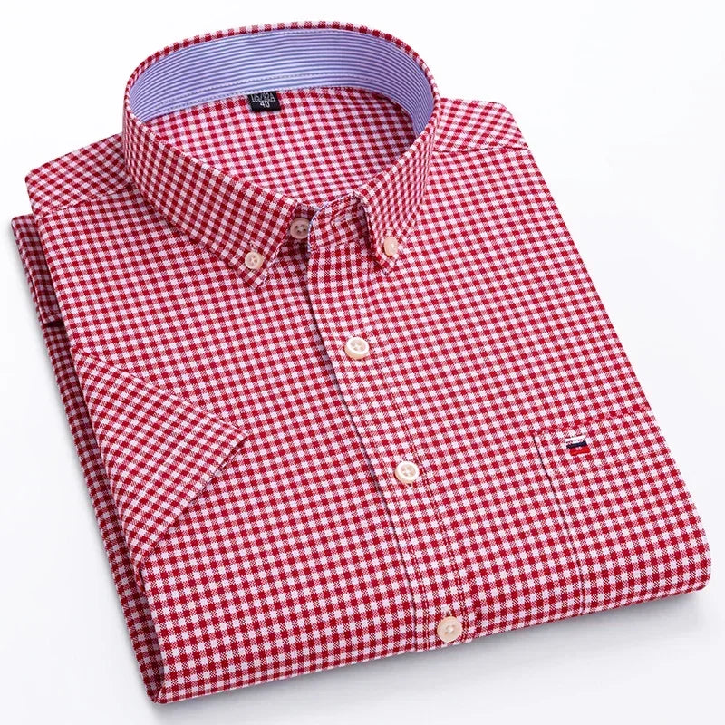 Men's casual Oxford shirt by BACKUPMYFILESNOW.COM®, short sleeve, pure cotton, plaid and striped, with square collar and single pocket.