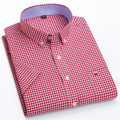 Men's casual Oxford shirt by BACKUPMYFILESNOW.COM®, short sleeve, pure cotton, plaid and striped, with square collar and single pocket.