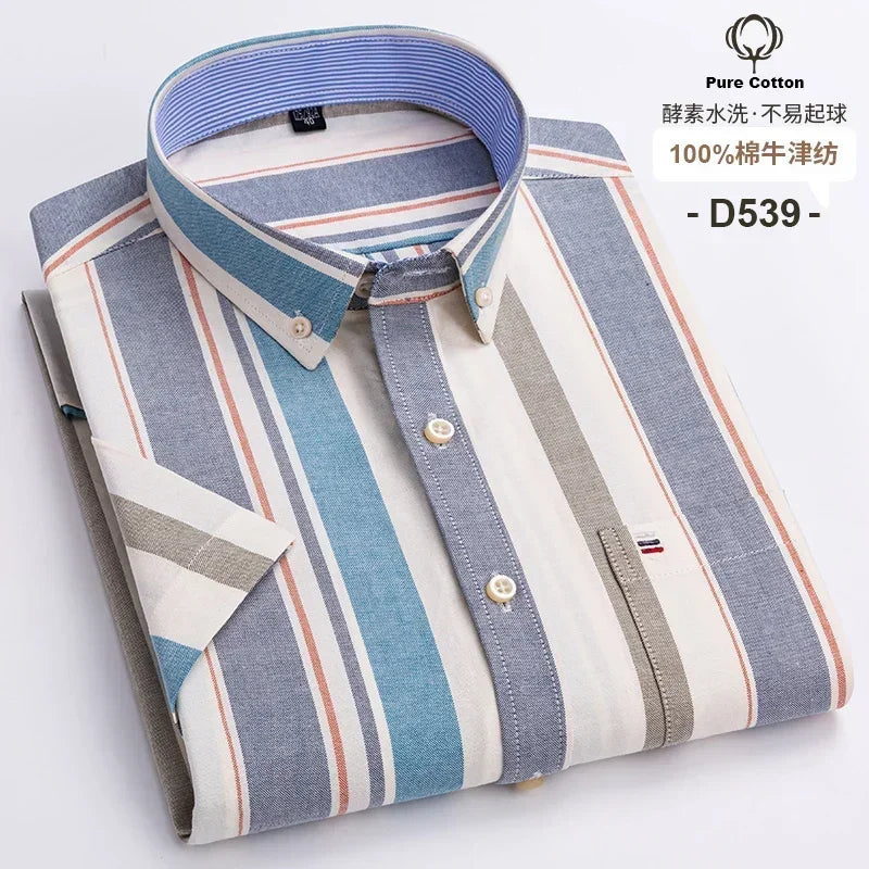 Men's 2026 pure cotton Oxford short sleeve shirt with plaid, solid, striped patterns, square collar, and single pocket.