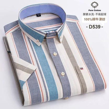 Men's 2026 pure cotton Oxford short sleeve shirt with plaid, solid, striped patterns, square collar, and single pocket.