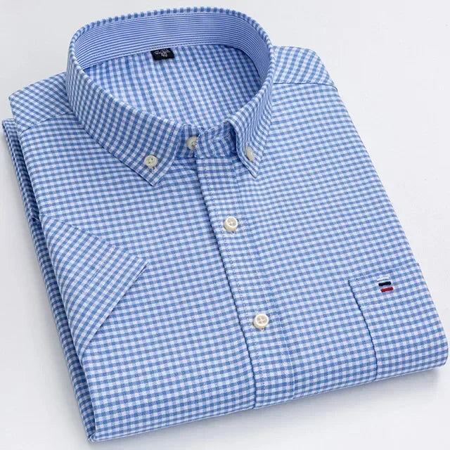 Men's 2026 pure cotton Oxford short sleeve shirt with plaid and striped patterns, square collar, single pocket, casual summer style.