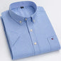 Men's 2026 pure cotton Oxford short sleeve shirt with plaid and striped patterns, square collar, single pocket, casual summer style.