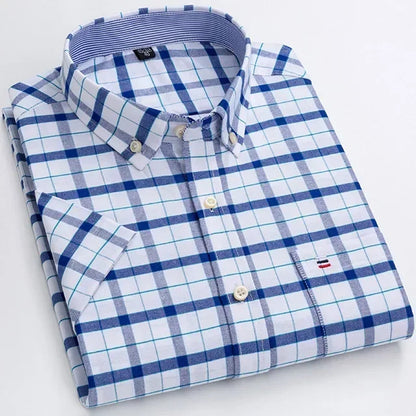 Men's casual summer shirt featuring 100% pure cotton Oxford fabric, plaid and striped design, short sleeves, square collar, and single pocket.