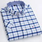Men's casual summer shirt featuring 100% pure cotton Oxford fabric, plaid and striped design, short sleeves, square collar, and single pocket.