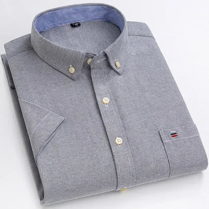 Men's casual summer shirt with short sleeves, plaid and striped patterns, pure cotton oxford fabric, featuring a square collar and single pocket.