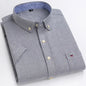 Men's casual summer shirt with short sleeves, plaid and striped patterns, pure cotton oxford fabric, featuring a square collar and single pocket.