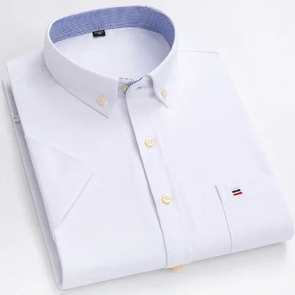 Men's 2026 pure cotton Oxford short sleeve shirt with plaid and striped patterns, square collar, single pocket, casual summer style.