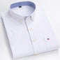 Men's 2026 pure cotton Oxford short sleeve shirt with plaid and striped patterns, square collar, single pocket, casual summer style.