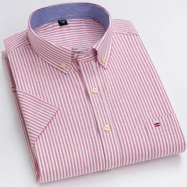 Men's 2026 pure cotton Oxford short sleeve shirt with square collar, plaid and striped patterns, single pocket, casual summer style.