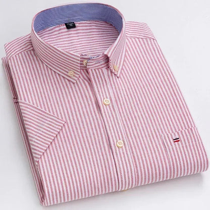 Men's 2026 pure cotton Oxford short sleeve shirt with square collar, plaid and striped patterns, single pocket, casual summer style.