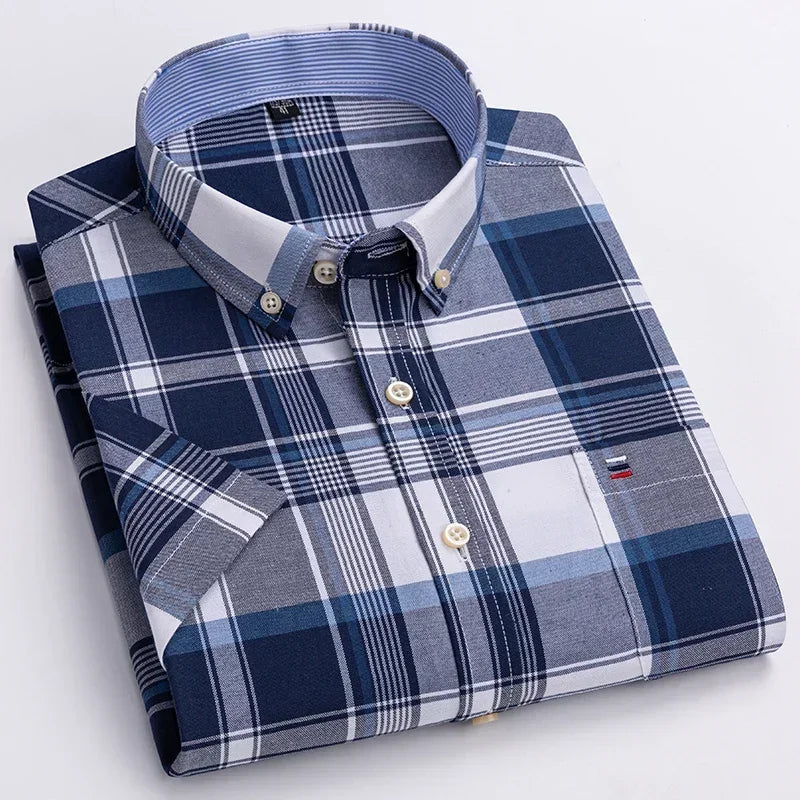 Men's 100% cotton Oxford short sleeve plaid and striped casual shirt with square collar and single pocket, in natural fabric and design.