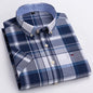 Men's 100% cotton Oxford short sleeve plaid and striped casual shirt with square collar and single pocket, in natural fabric and design.