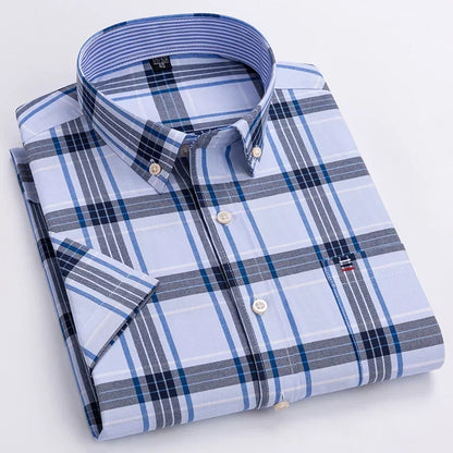 Men's 2026 pure cotton Oxford short sleeve shirt with plaid and striped patterns, square collar, single pocket, casual summer wear.