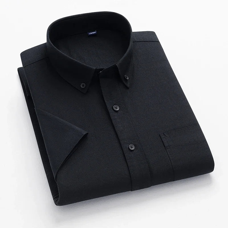 Men's 2026 pure cotton Oxford short sleeve shirt with plaid, solid stripes, square collar, and single pocket for casual summer wear.