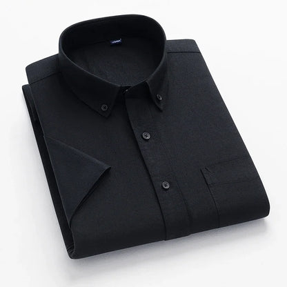 Men's 2026 pure cotton Oxford short sleeve shirt with plaid, solid stripes, square collar, and single pocket for casual summer wear.