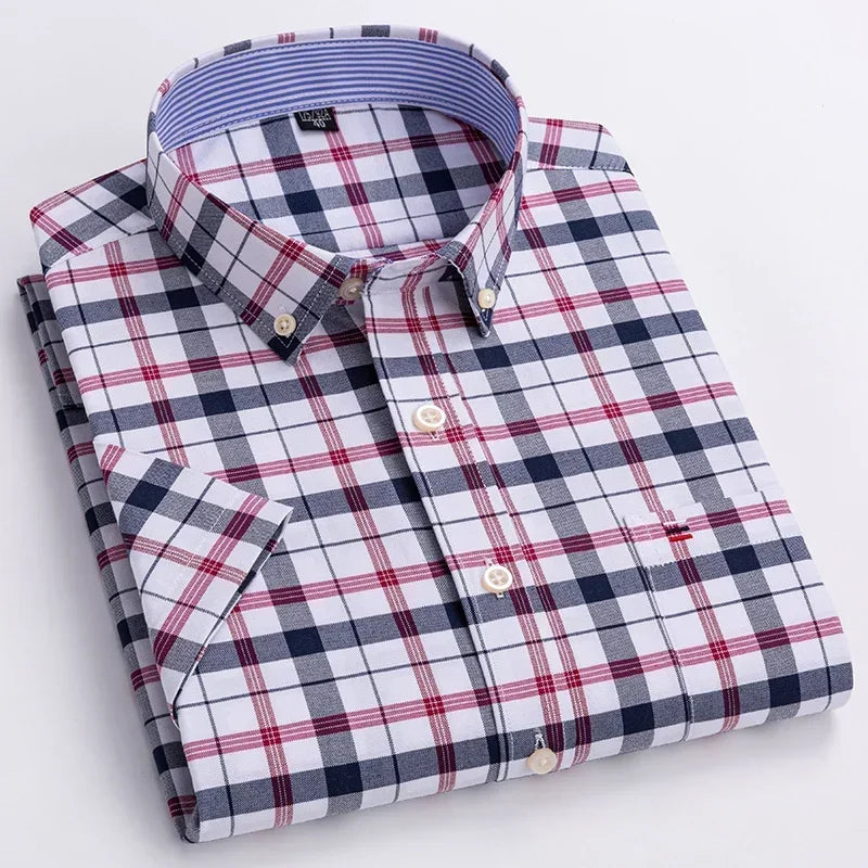 Men's casual Oxford shirt in pure cotton with short sleeves, plaid and stripe patterns, square collar, single pocket, summer style
