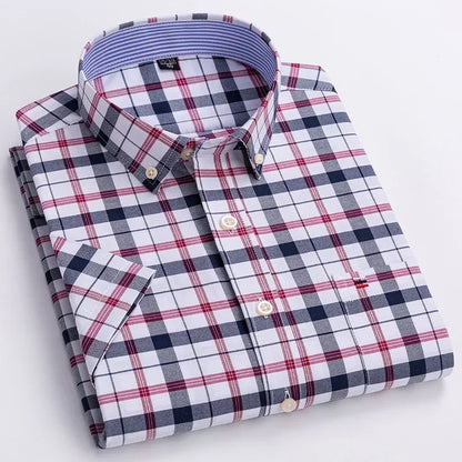 Men's casual Oxford shirt in pure cotton with short sleeves, plaid and stripe patterns, square collar, single pocket, summer style