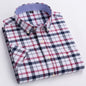 Men's casual Oxford shirt in pure cotton with short sleeves, plaid and stripe patterns, square collar, single pocket, summer style