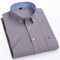 Men's casual summer Oxford shirt with short sleeves, plaid pattern, solid color, square collar, and single pocket in 100% cotton.