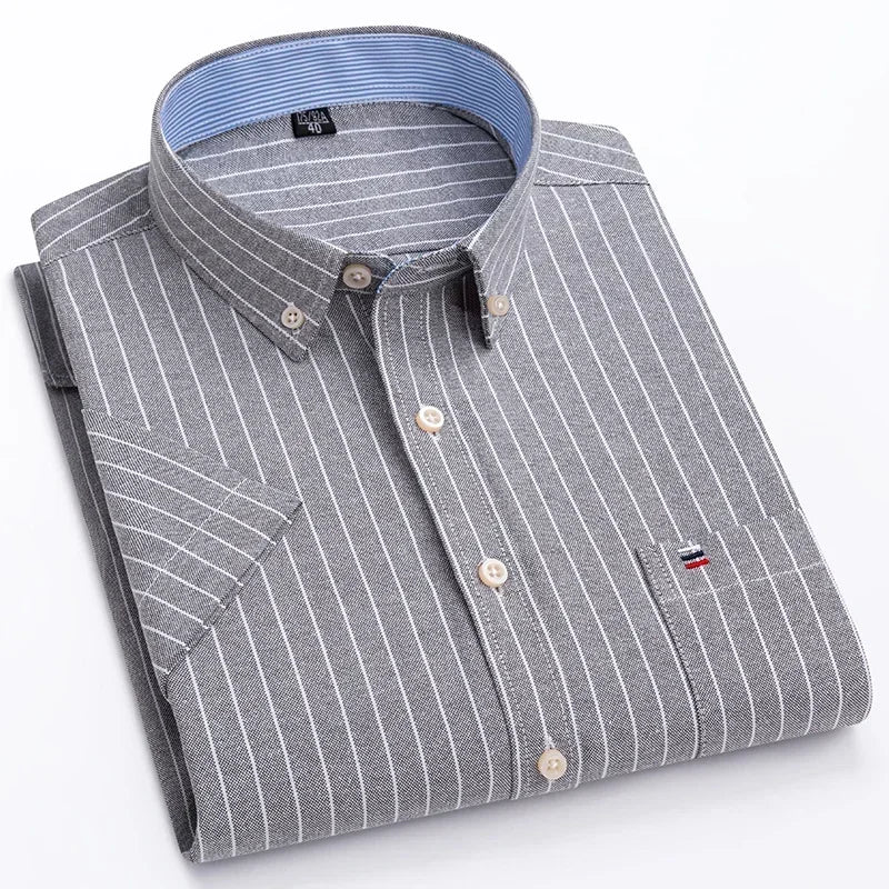 Men's 2026 pure cotton oxford short sleeve casual shirt with plaid, striped pattern, square collar, and single chest pocket.