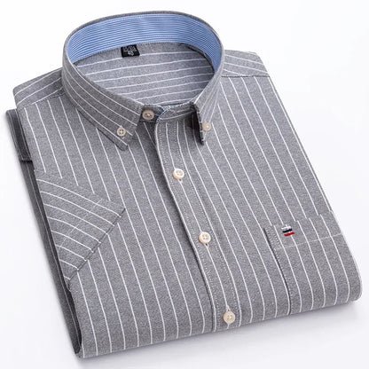 Men's 2026 pure cotton oxford short sleeve casual shirt with plaid, striped pattern, square collar, and single chest pocket.