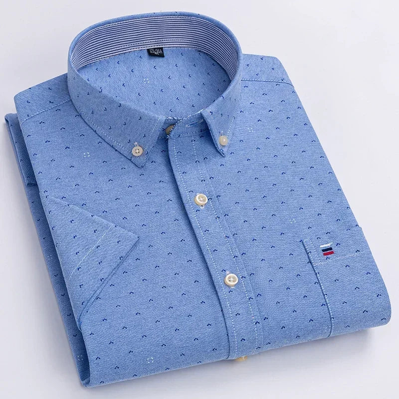 Men's 2026 pure cotton Oxford short sleeve shirt with plaid, solid, striped patterns, square collar, and single pocket.