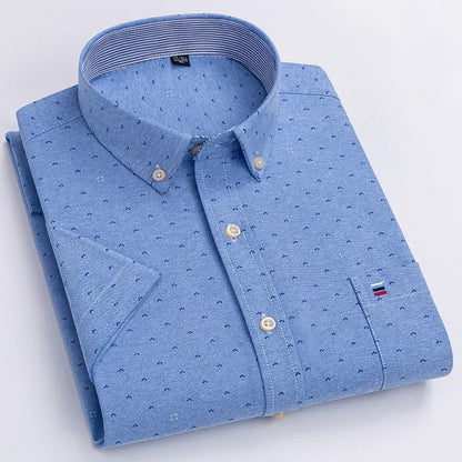 Men's 2026 pure cotton Oxford short sleeve shirt with plaid, solid, striped patterns, square collar, and single pocket.