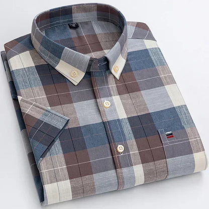 Men's casual summer shirt with short sleeves, plaid and striped patterns, 100% cotton, square collar, single pocket, from BACKUPMYFILESNOW.COM®