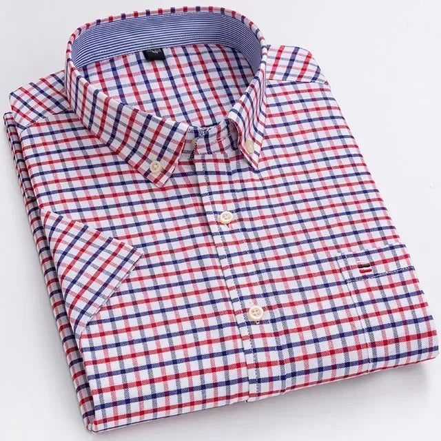Men's casual cotton Oxford shirt with short sleeves, plaid and striped pattern, square collar, single pocket, summer style.