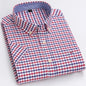 Men's casual cotton Oxford shirt with short sleeves, plaid and striped pattern, square collar, single pocket, summer style.