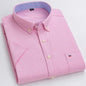 Men's 2026 pure cotton Oxford short sleeve casual shirt with plaid and striped patterns, square collar, single pocket, summer style.