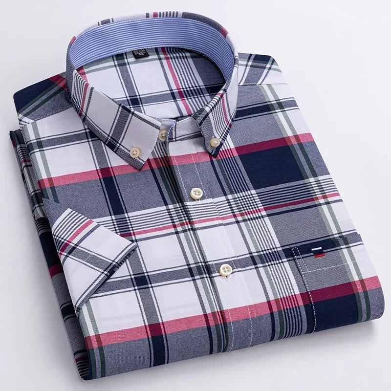 Men's casual Oxford shirt from BACKUPMYFILESNOW.COM® with short sleeves, plaid and striped patterns, square collar, and single pocket.