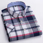 Men's casual Oxford shirt from BACKUPMYFILESNOW.COM® with short sleeves, plaid and striped patterns, square collar, and single pocket.