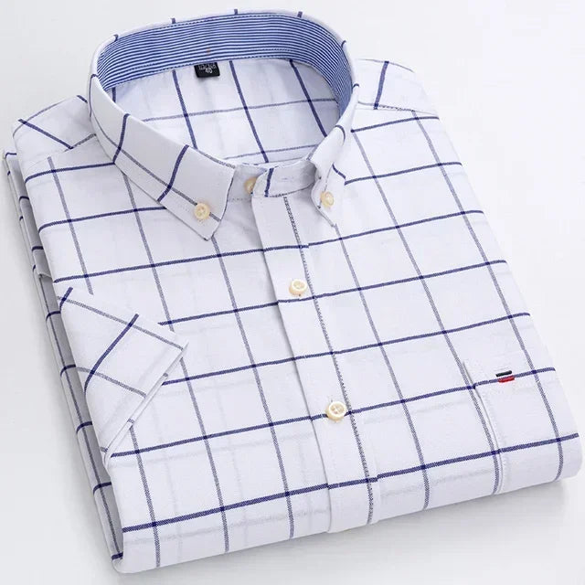 Men's 2026 pure cotton Oxford short sleeve casual shirt with plaid, solid, striped patterns, square collar, and single chest pocket.