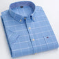 Men's 2026 cotton Oxford short sleeve shirt with plaid and striped patterns, square collar, single pocket, casual summer style.