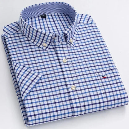 Men's casual short sleeve Oxford shirt with plaid and striped patterns, 100% cotton, square collar, single pocket, summer style.