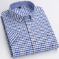 Men's casual short sleeve Oxford shirt with plaid and striped patterns, 100% cotton, square collar, single pocket, summer style.