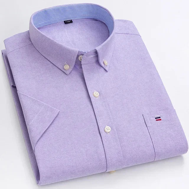 Men's 100% cotton Oxford short sleeve shirt with plaid and striped patterns, square collar, single pocket, casual summer style.