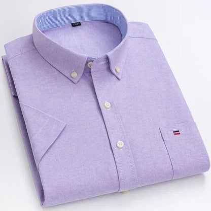 Men's 100% cotton Oxford short sleeve shirt with plaid and striped patterns, square collar, single pocket, casual summer style.
