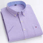 Men's 100% cotton Oxford short sleeve shirt with plaid and striped patterns, square collar, single pocket, casual summer style.